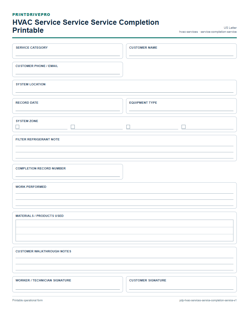HVAC Service Service Service Completion Printable preview