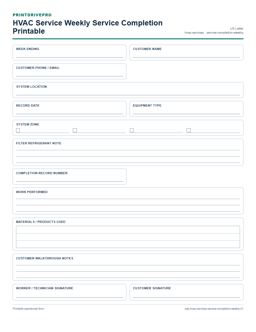 HVAC Service Weekly Service Completion Printable preview