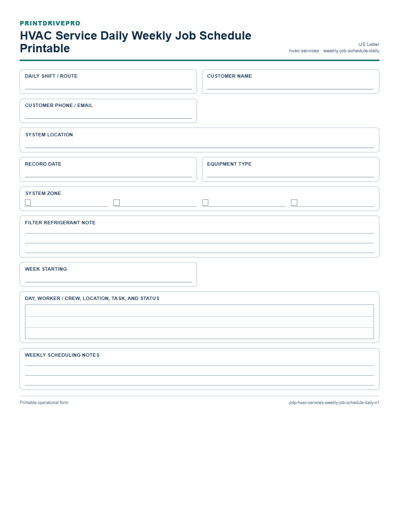 HVAC Service Daily Weekly Job Schedule Printable preview