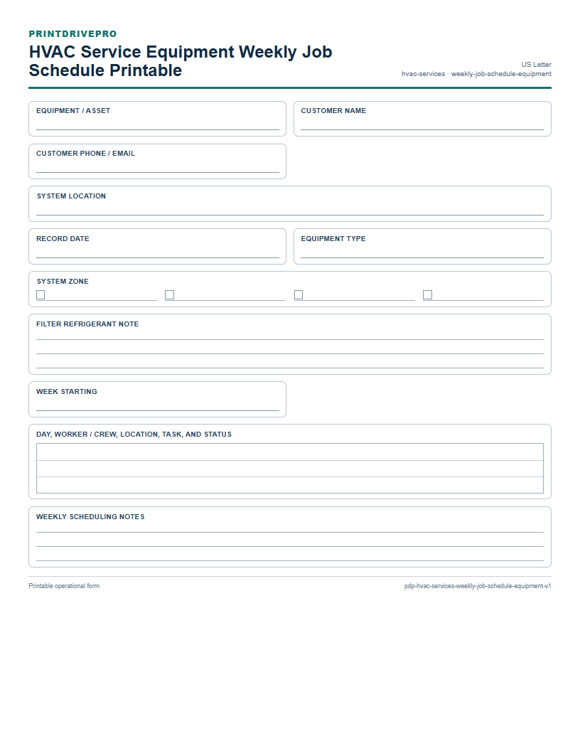 HVAC Service Equipment Weekly Job Schedule Printable preview