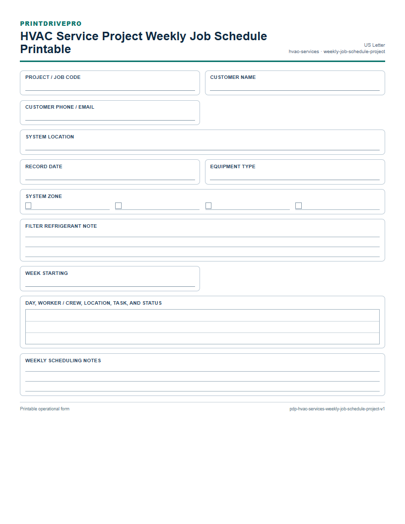 HVAC Service Project Weekly Job Schedule Printable preview