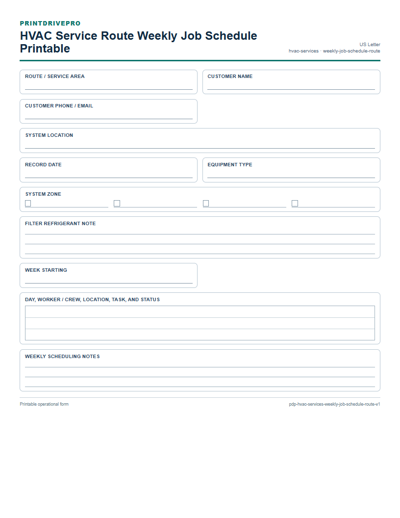HVAC Service Route Weekly Job Schedule Printable preview
