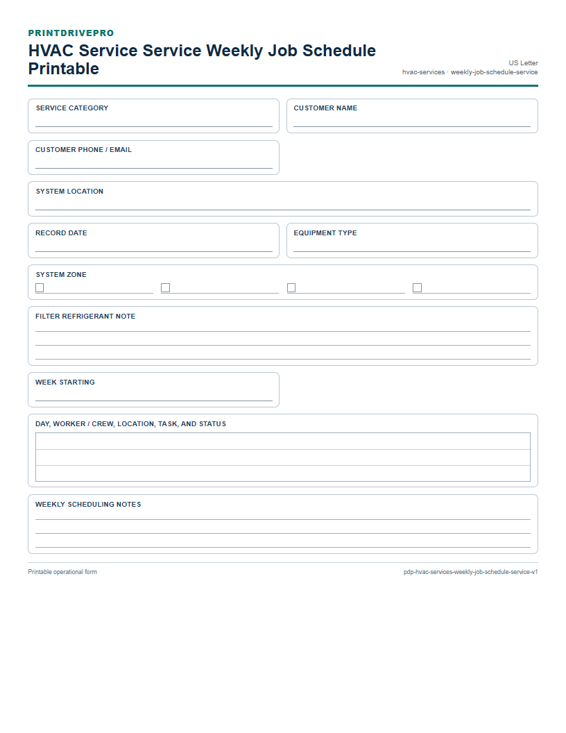 HVAC Service Service Weekly Job Schedule Printable preview