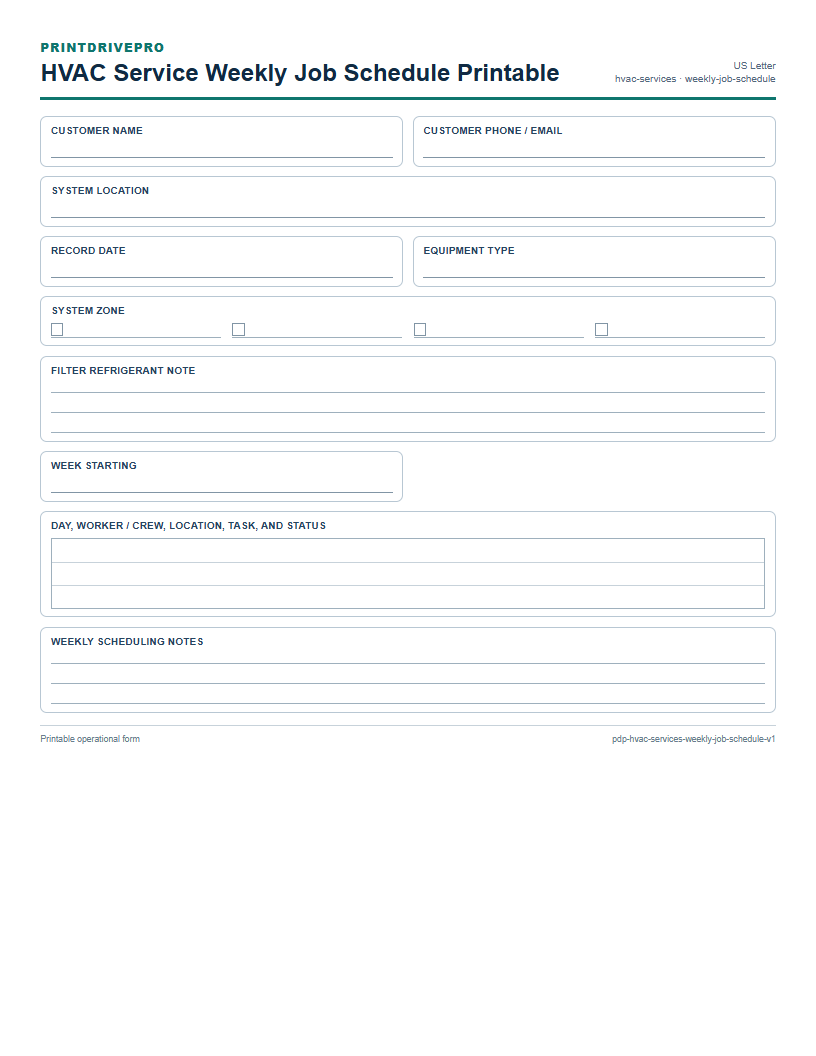 HVAC Service Weekly Job Schedule Printable preview