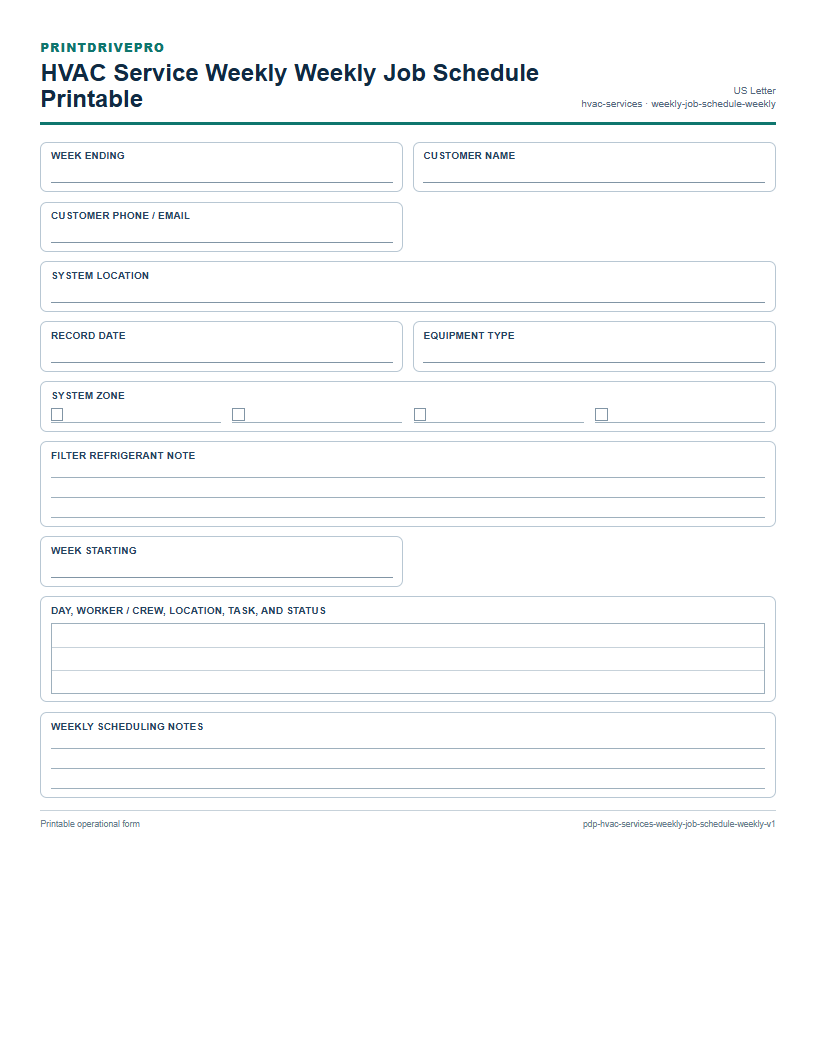 HVAC Service Weekly Weekly Job Schedule Printable preview