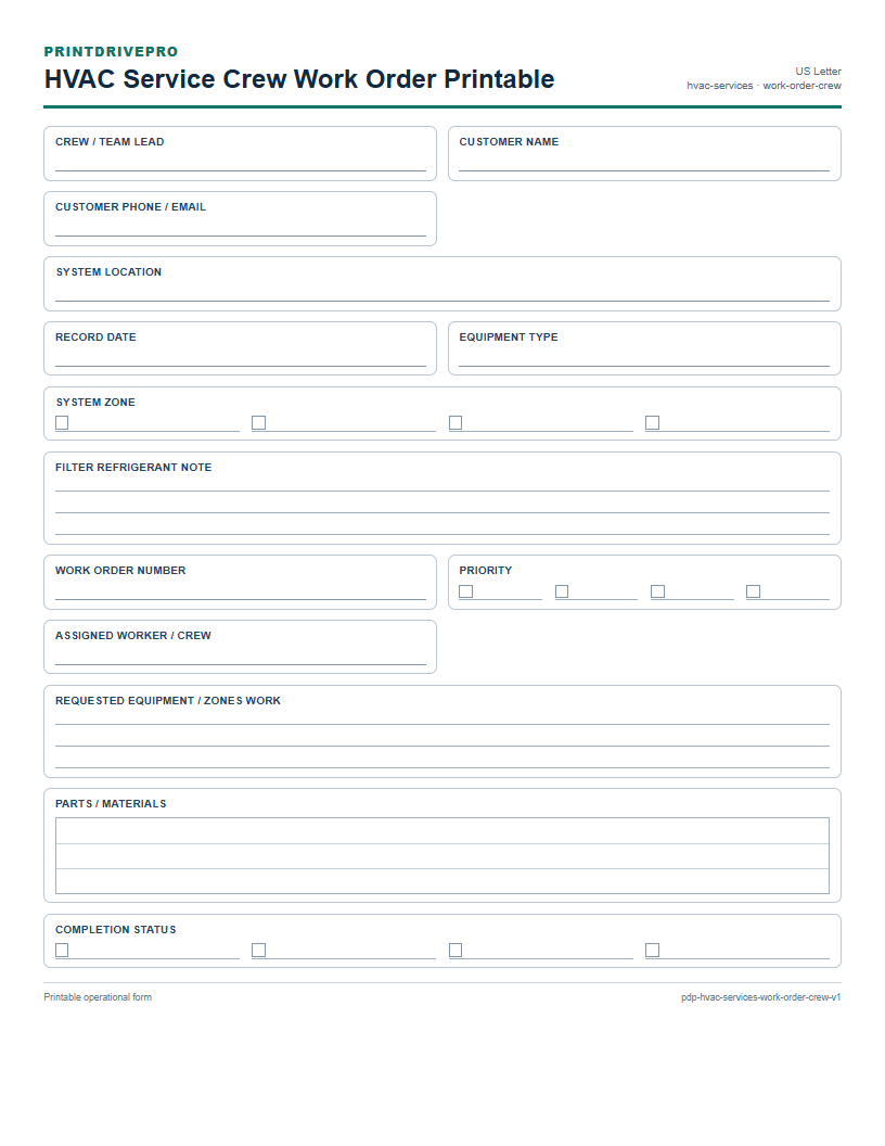 HVAC Service Crew Work Order Printable preview