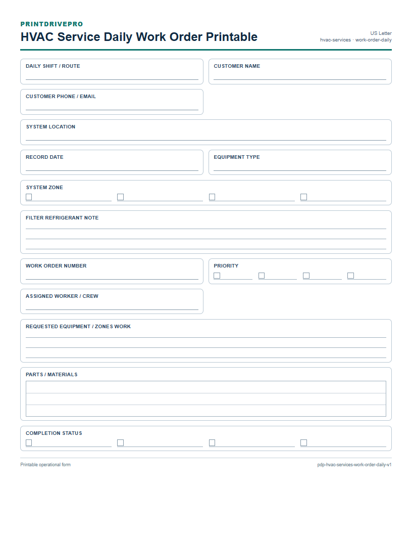 HVAC Service Daily Work Order Printable preview