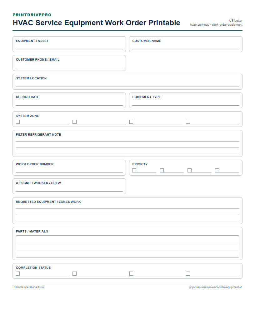 HVAC Service Equipment Work Order Printable preview