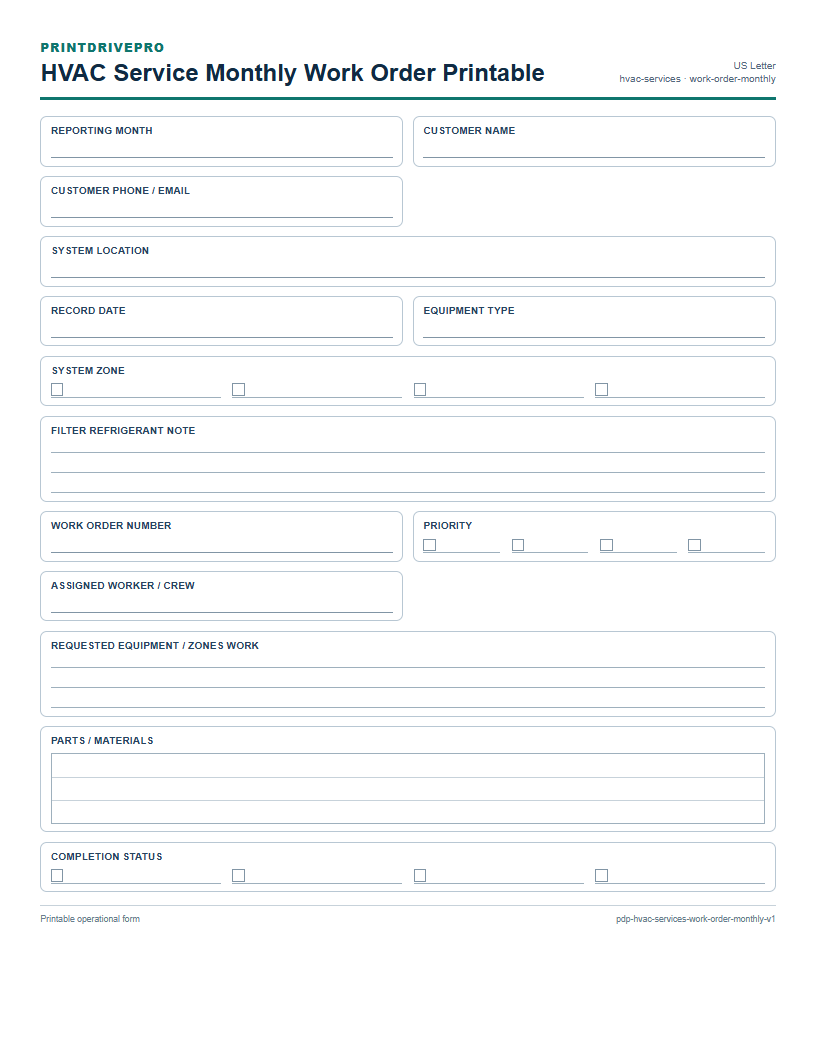 HVAC Service Monthly Work Order Printable preview