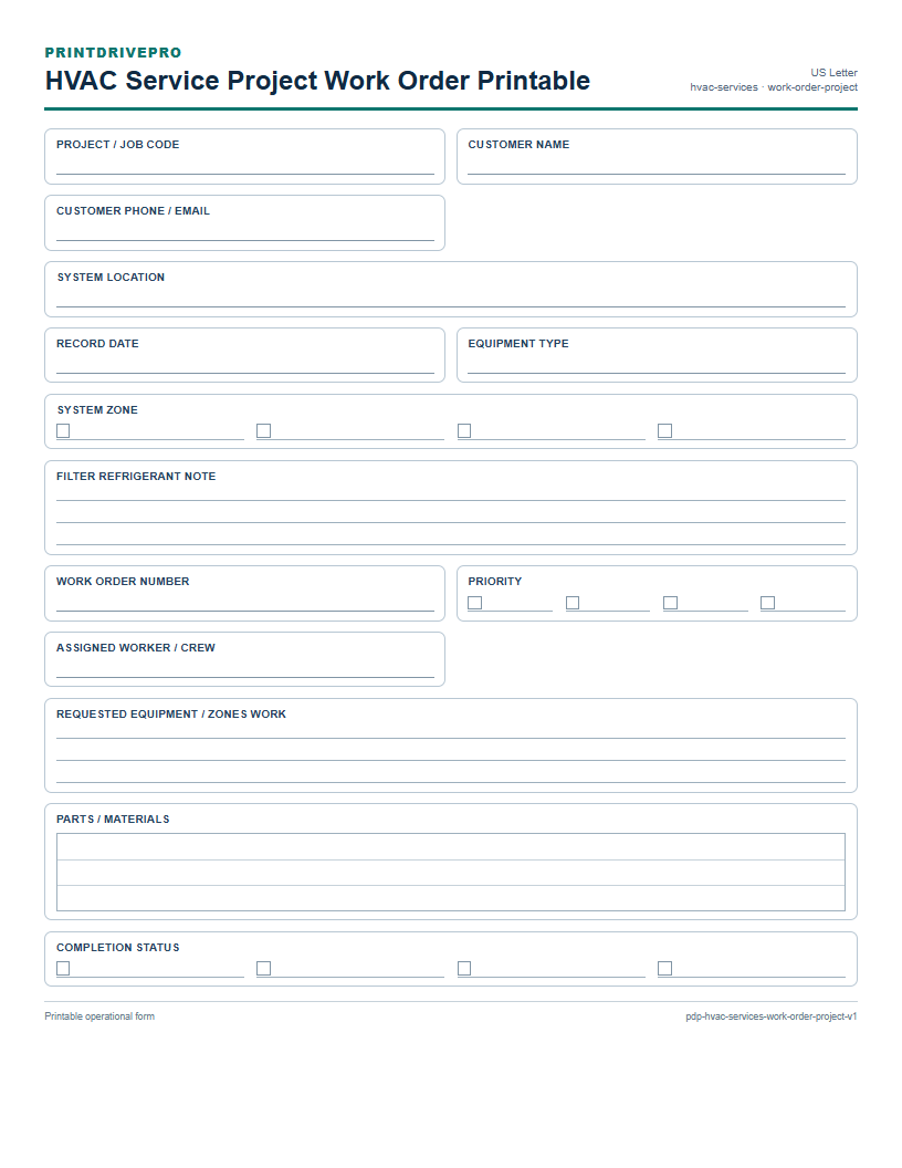 HVAC Service Project Work Order Printable preview