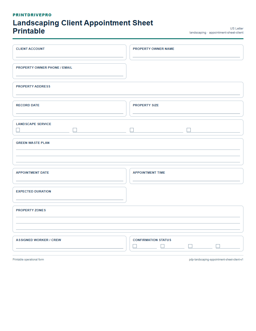 Landscaping Client Appointment Sheet Printable preview