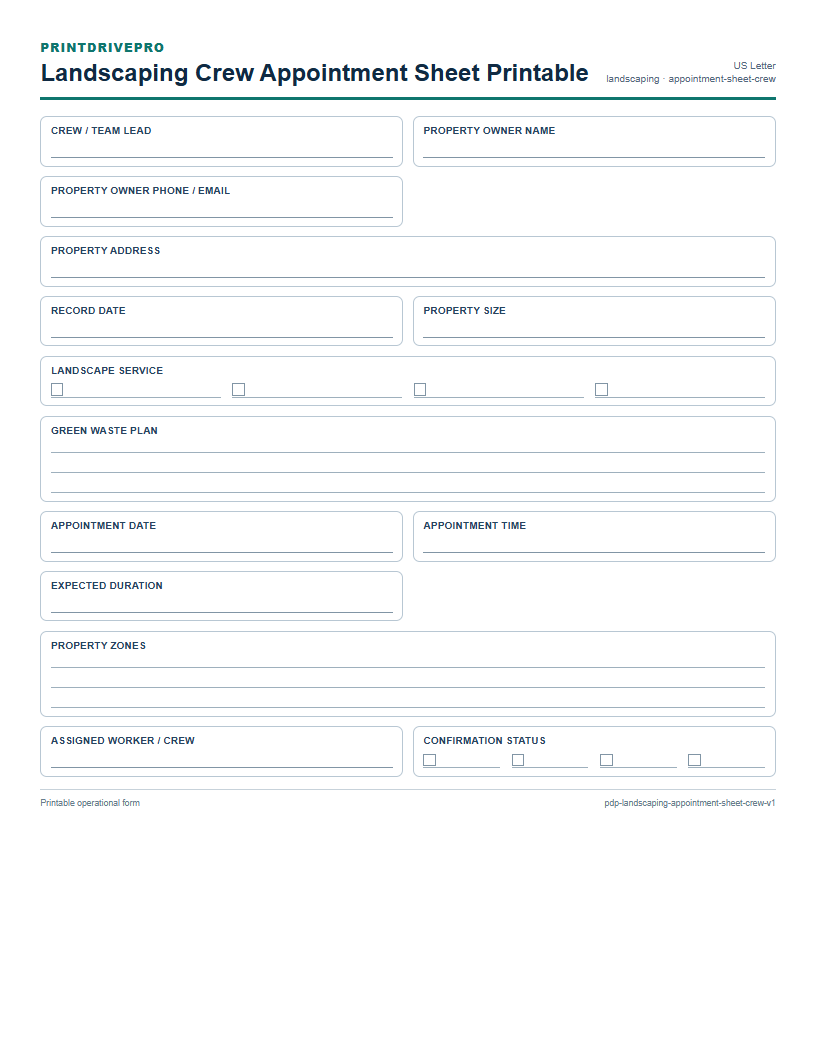 Landscaping Crew Appointment Sheet Printable preview