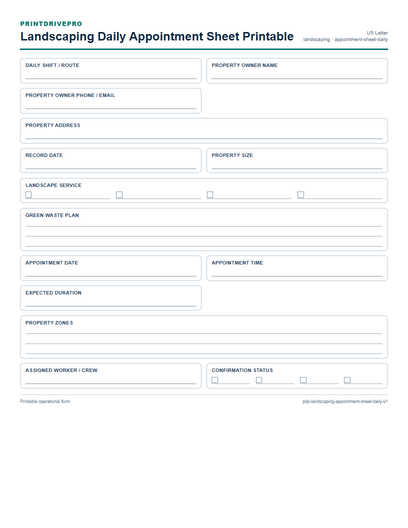 Landscaping Daily Appointment Sheet Printable preview