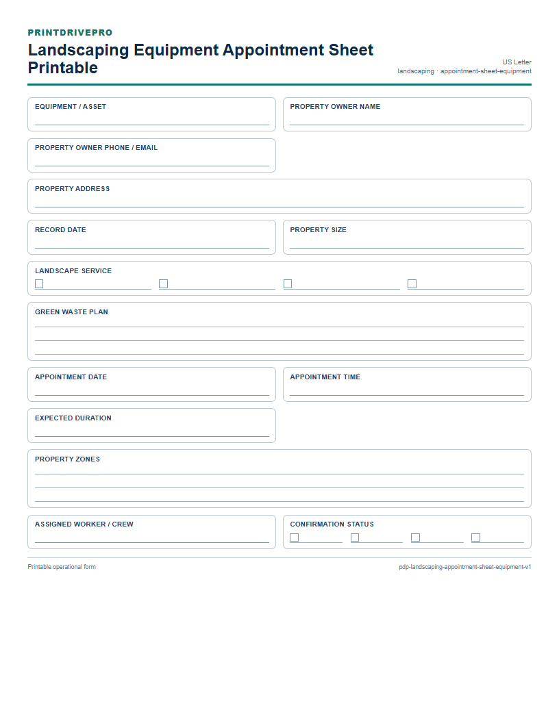 Landscaping Equipment Appointment Sheet Printable preview