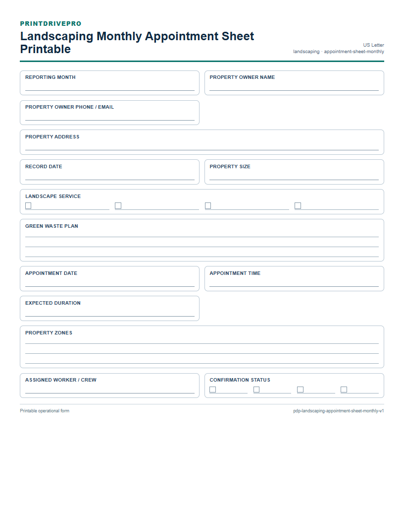 Landscaping Monthly Appointment Sheet Printable preview