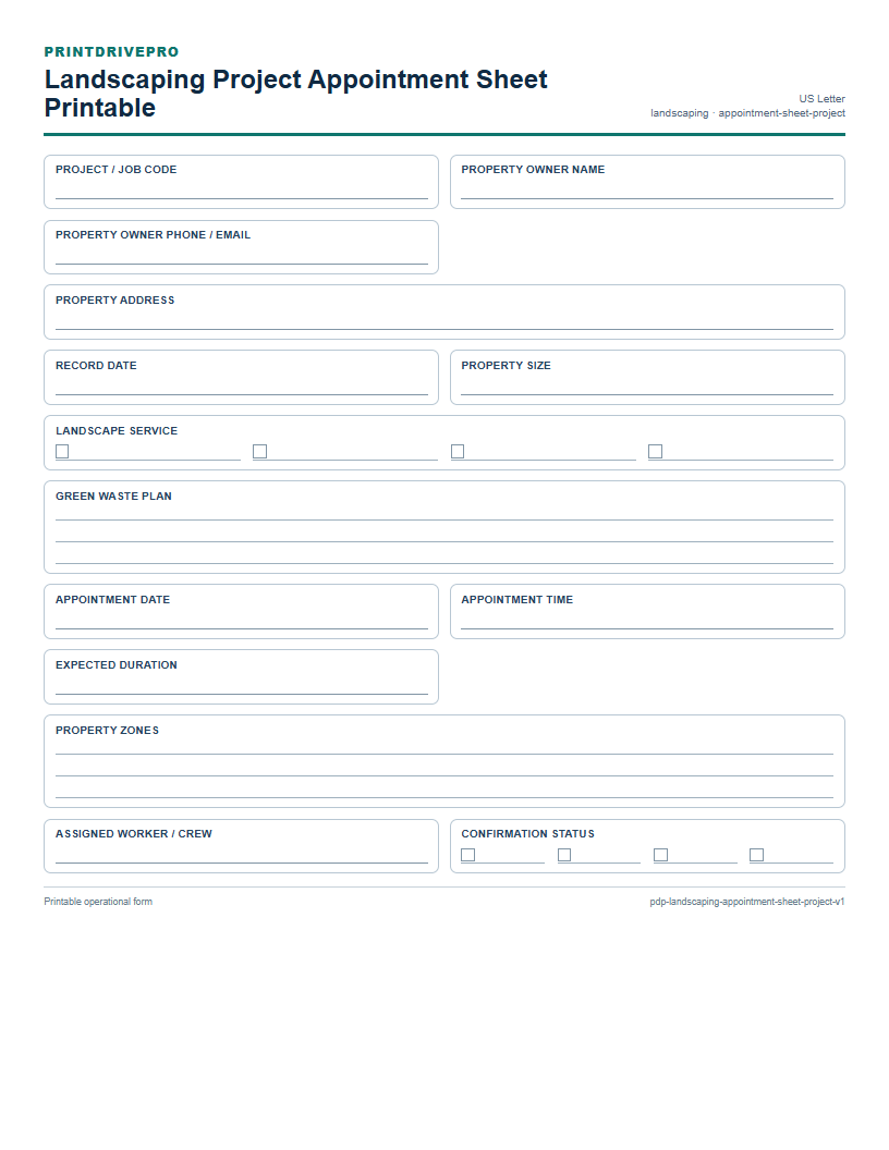 Landscaping Project Appointment Sheet Printable preview