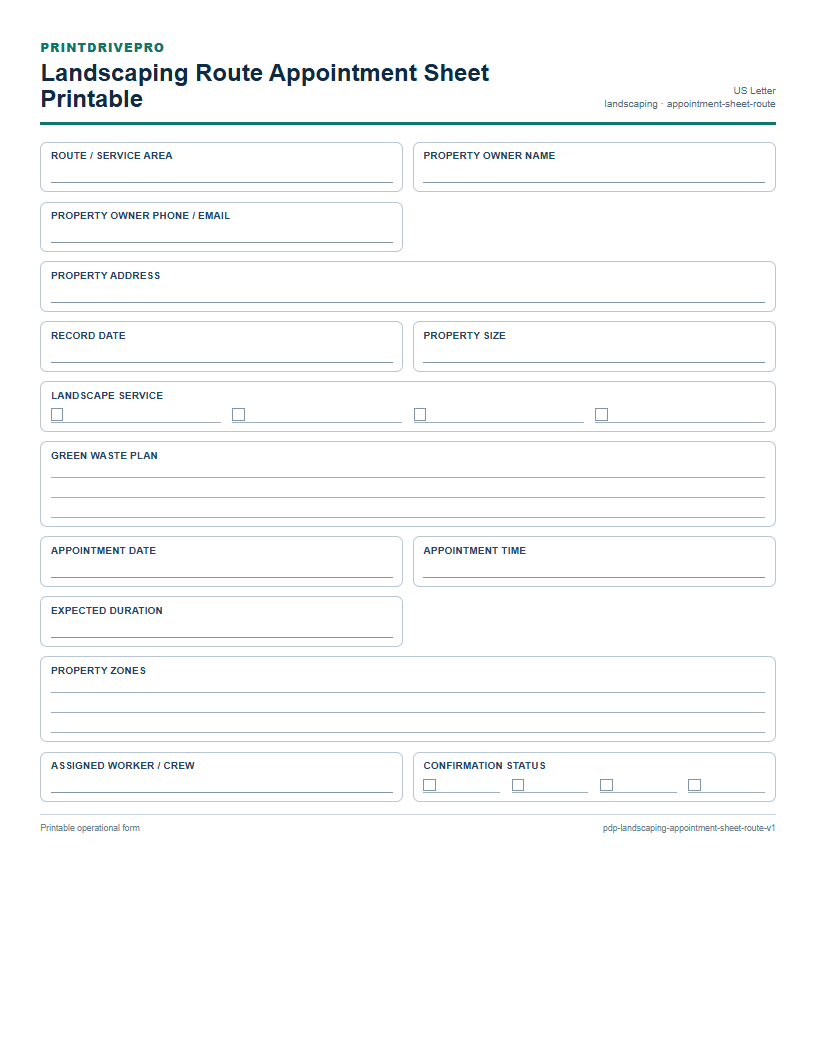 Landscaping Route Appointment Sheet Printable preview