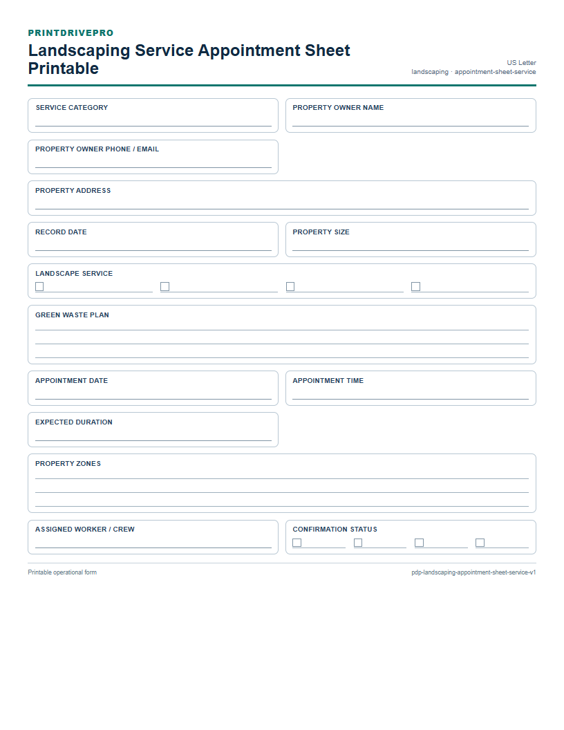 Landscaping Service Appointment Sheet Printable preview