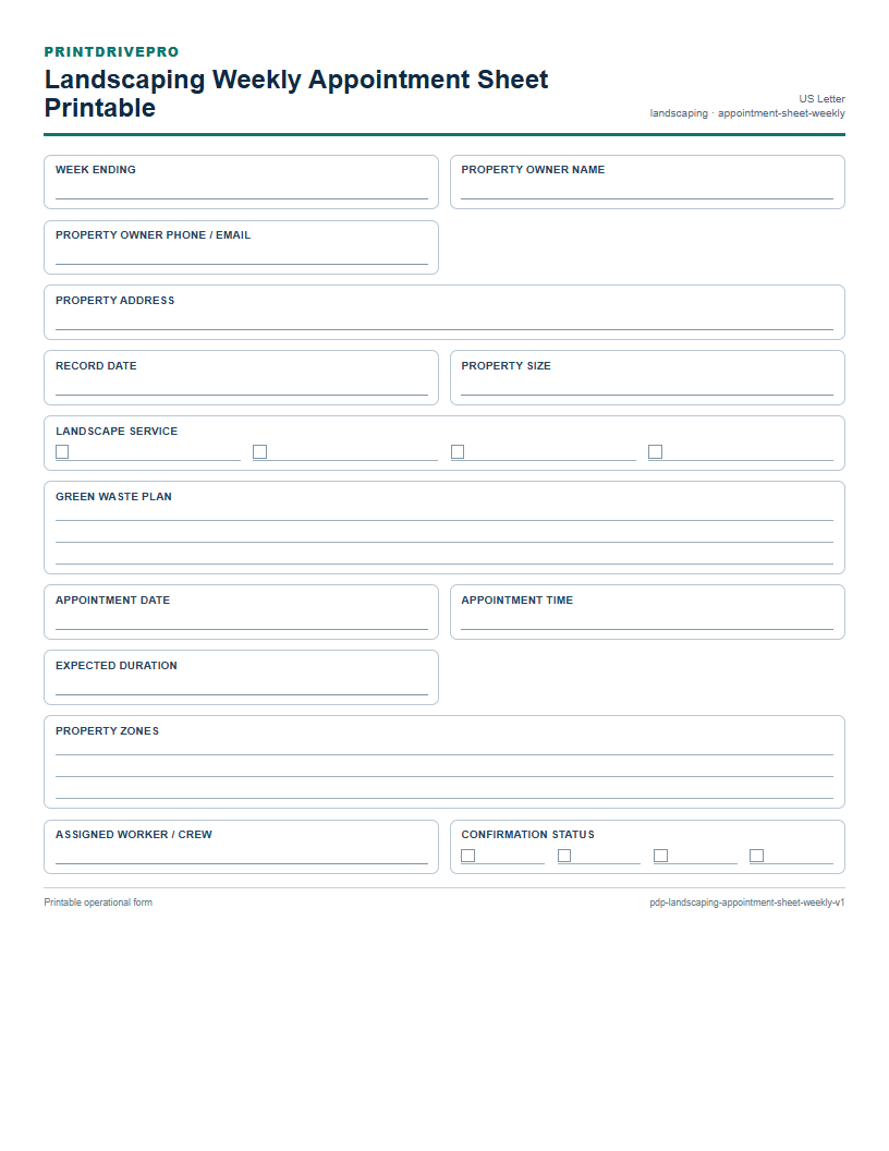 Landscaping Weekly Appointment Sheet Printable preview