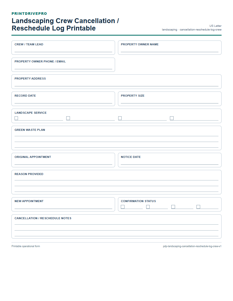 Landscaping Crew Cancellation / Reschedule Log Printable preview