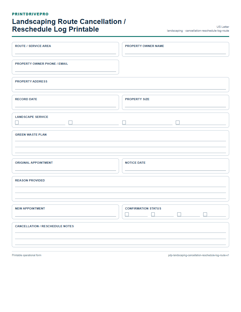 Landscaping Route Cancellation / Reschedule Log Printable preview