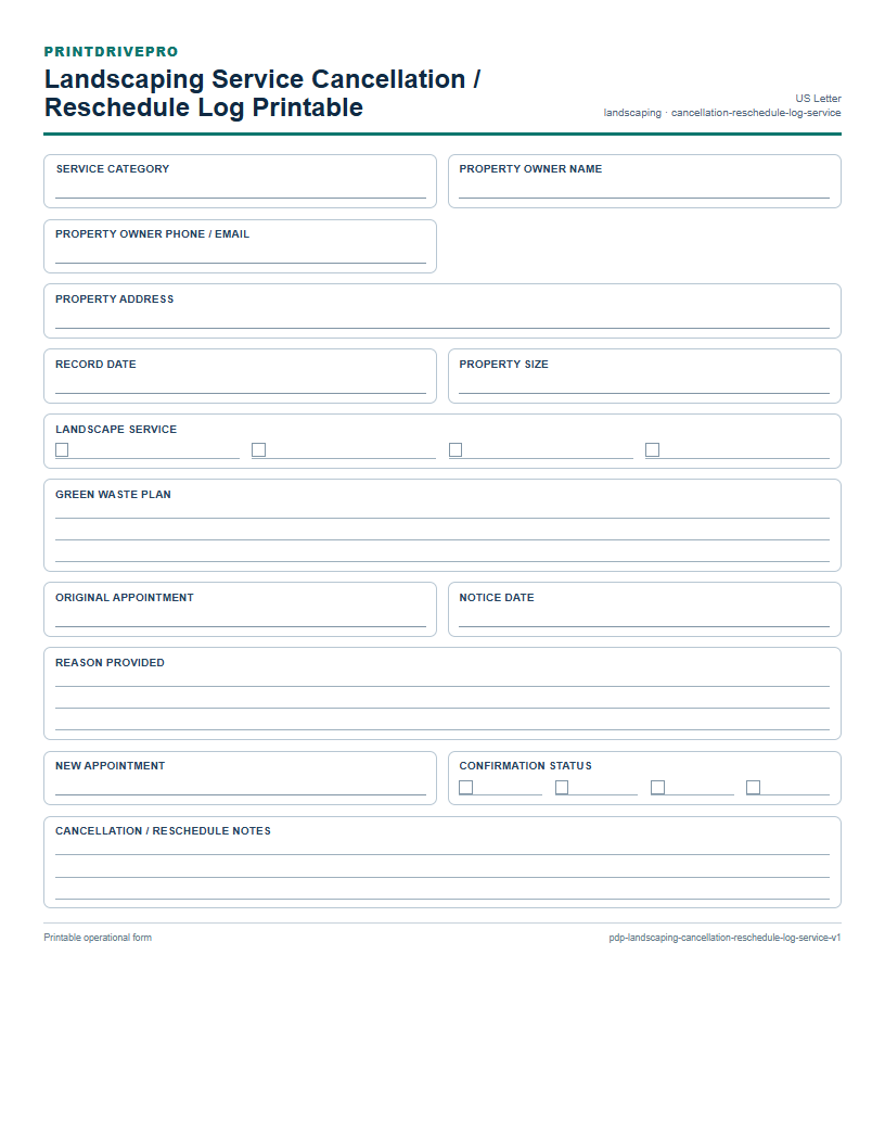 Landscaping Service Cancellation / Reschedule Log Printable preview