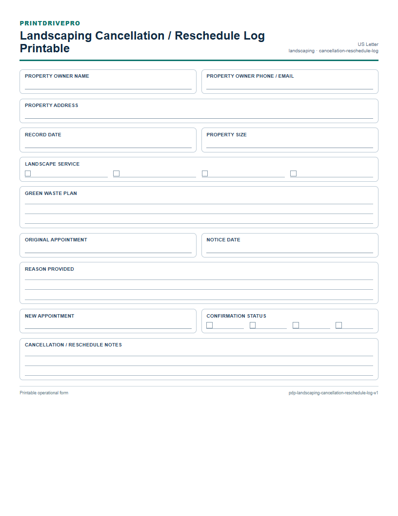 Landscaping Cancellation / Reschedule Log Printable preview