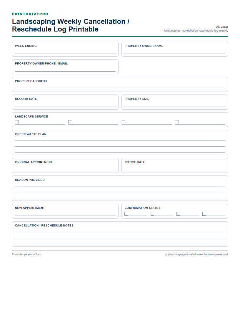 Landscaping Weekly Cancellation / Reschedule Log Printable preview