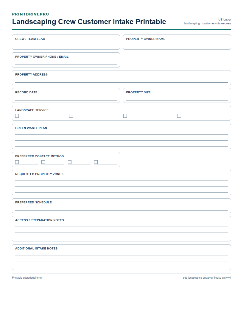 Landscaping Crew Customer Intake Printable preview