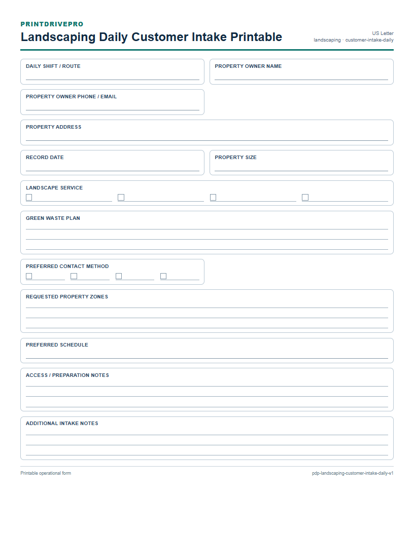 Landscaping Daily Customer Intake Printable preview