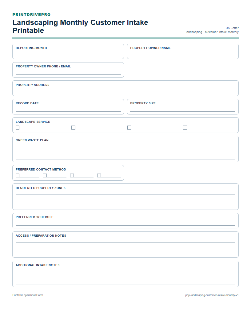 Landscaping Monthly Customer Intake Printable preview
