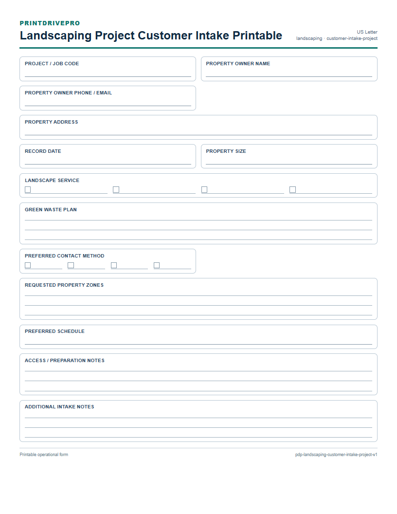 Landscaping Project Customer Intake Printable preview