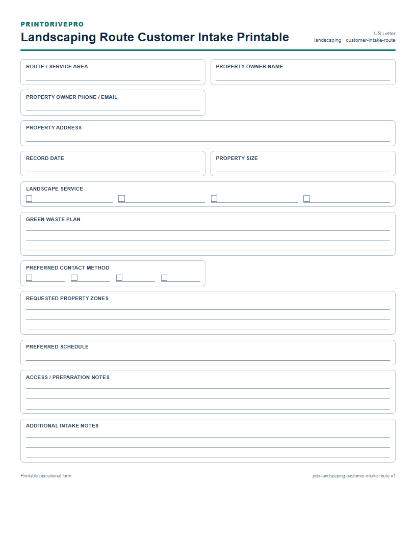 Landscaping Route Customer Intake Printable preview