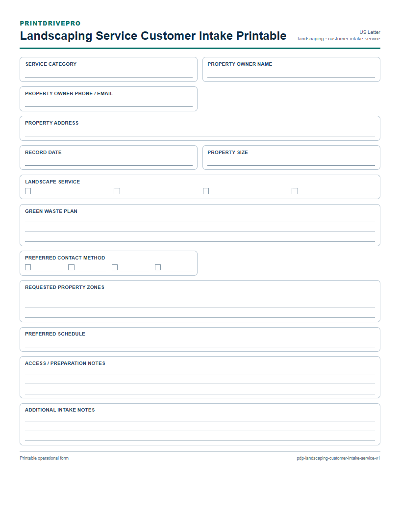 Landscaping Service Customer Intake Printable preview