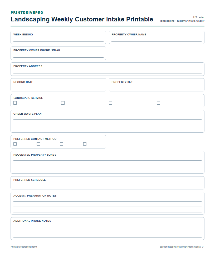 Landscaping Weekly Customer Intake Printable preview