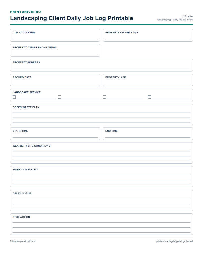 Landscaping Client Daily Job Log Printable preview