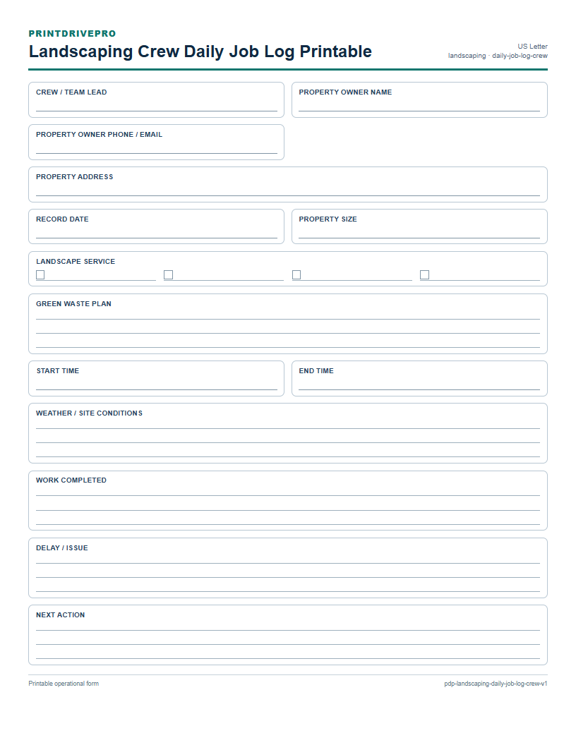 Landscaping Crew Daily Job Log Printable preview