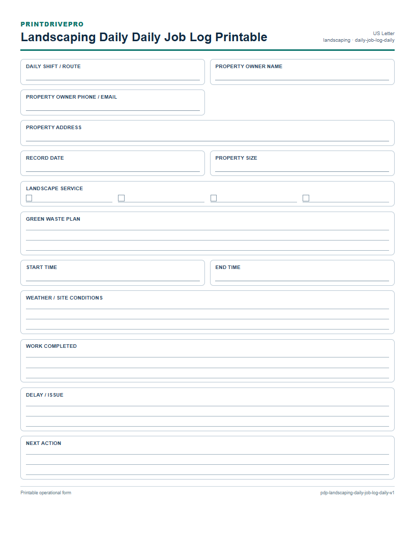 Landscaping Daily Daily Job Log Printable preview