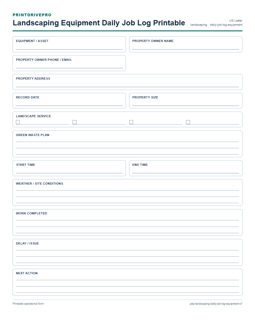 Landscaping Equipment Daily Job Log Printable preview