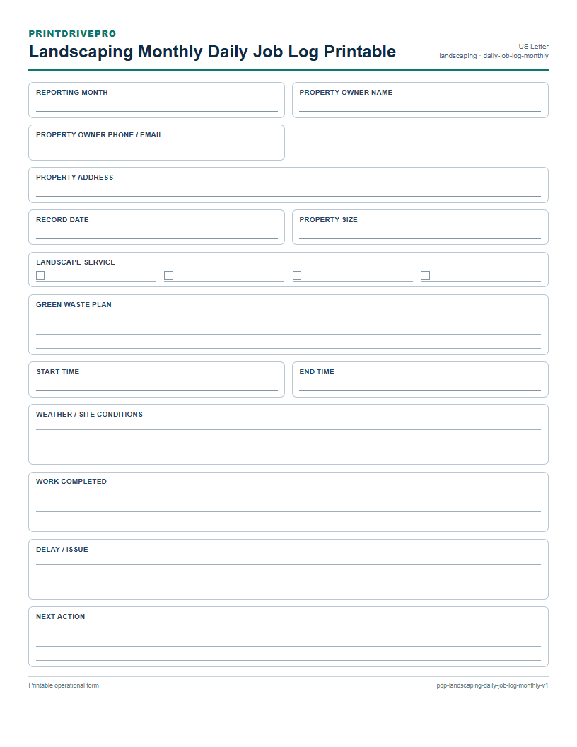 Landscaping Monthly Daily Job Log Printable preview