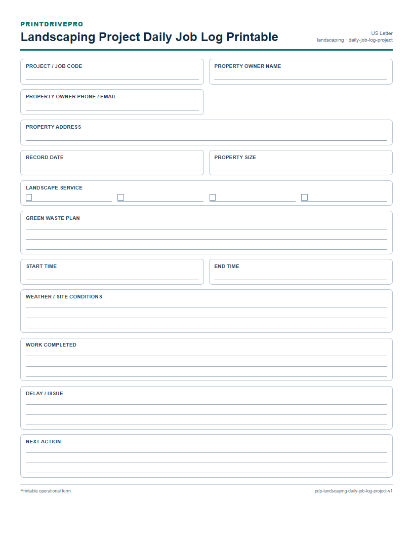 Landscaping Project Daily Job Log Printable preview