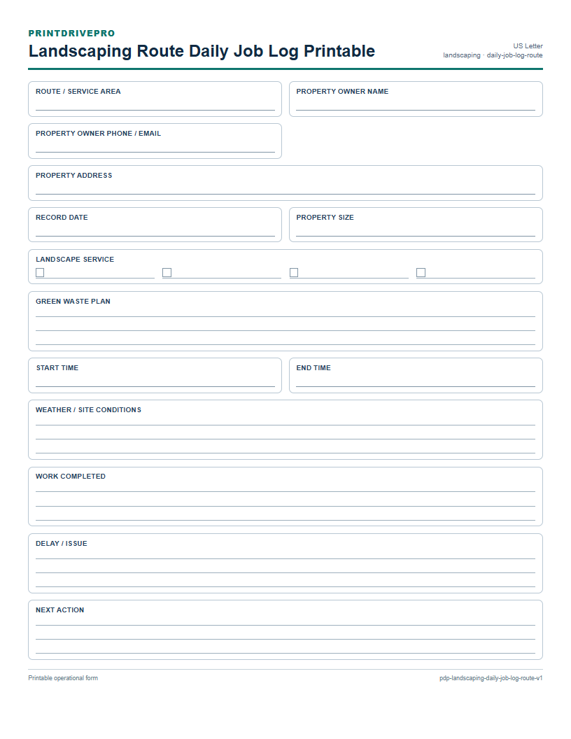 Landscaping Route Daily Job Log Printable preview