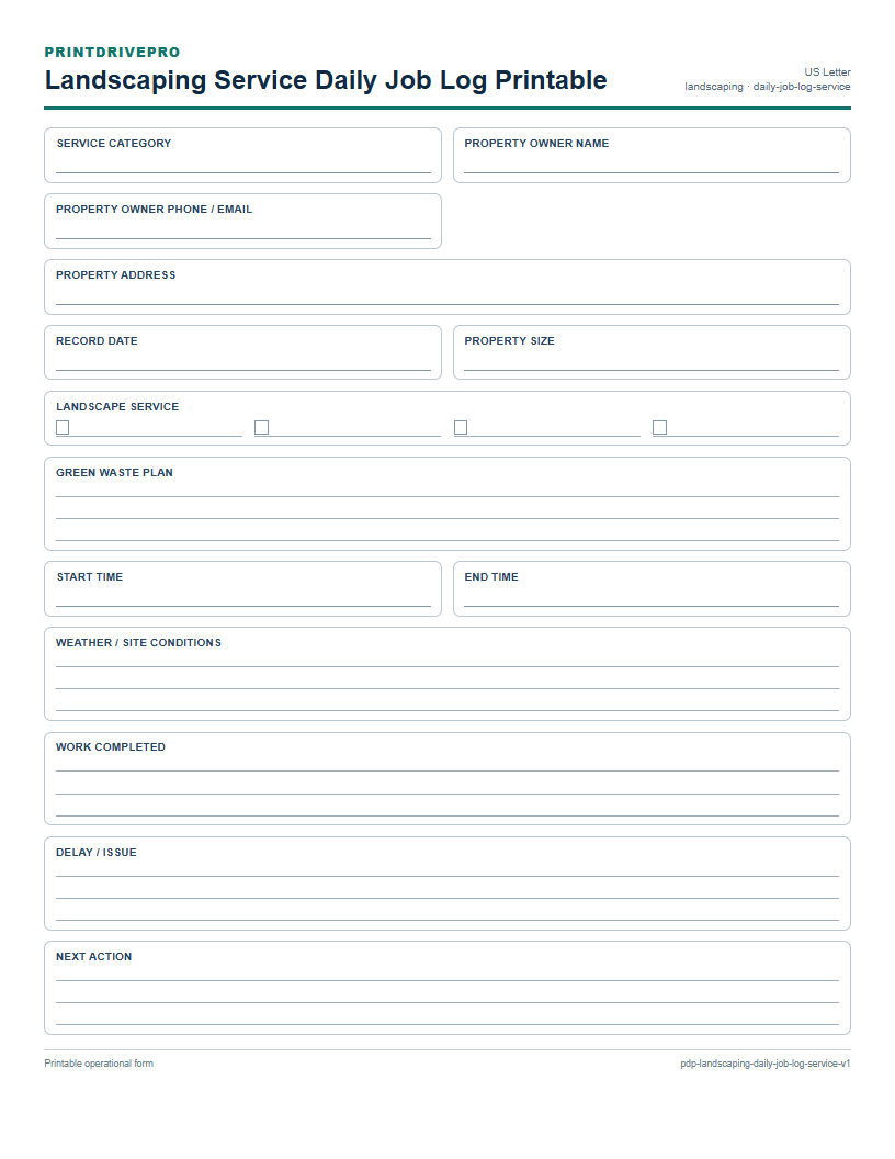 Landscaping Service Daily Job Log Printable preview