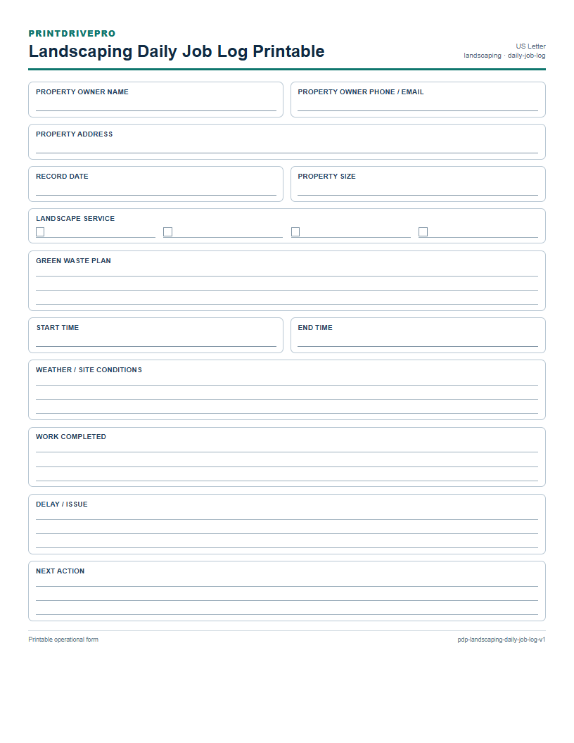 Landscaping Daily Job Log Printable preview