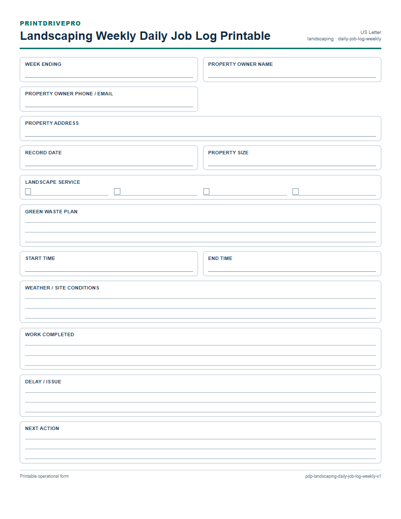 Landscaping Weekly Daily Job Log Printable preview