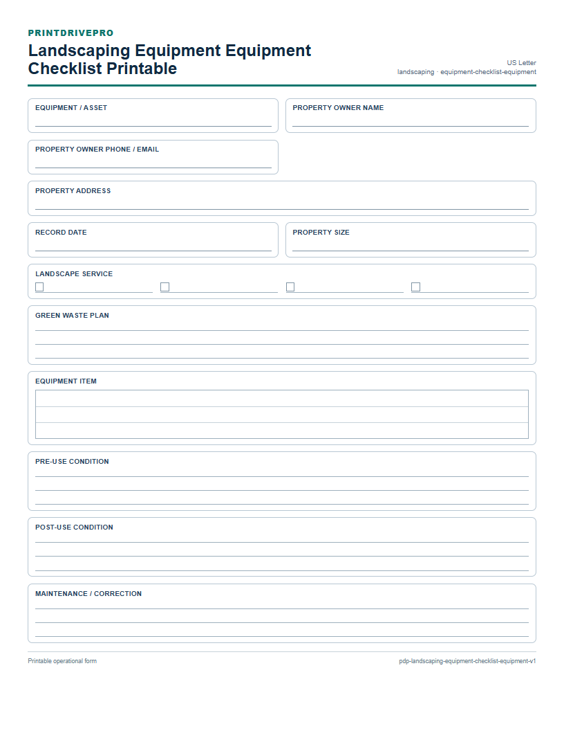 Landscaping Equipment Equipment Checklist Printable preview