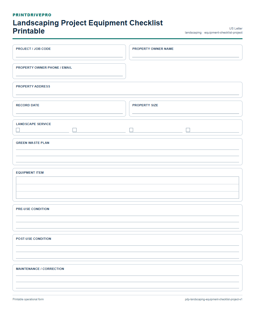Landscaping Project Equipment Checklist Printable preview