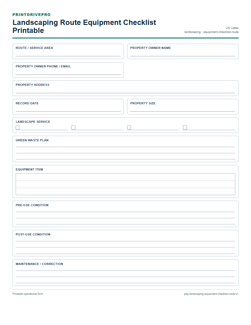 Landscaping Route Equipment Checklist Printable preview