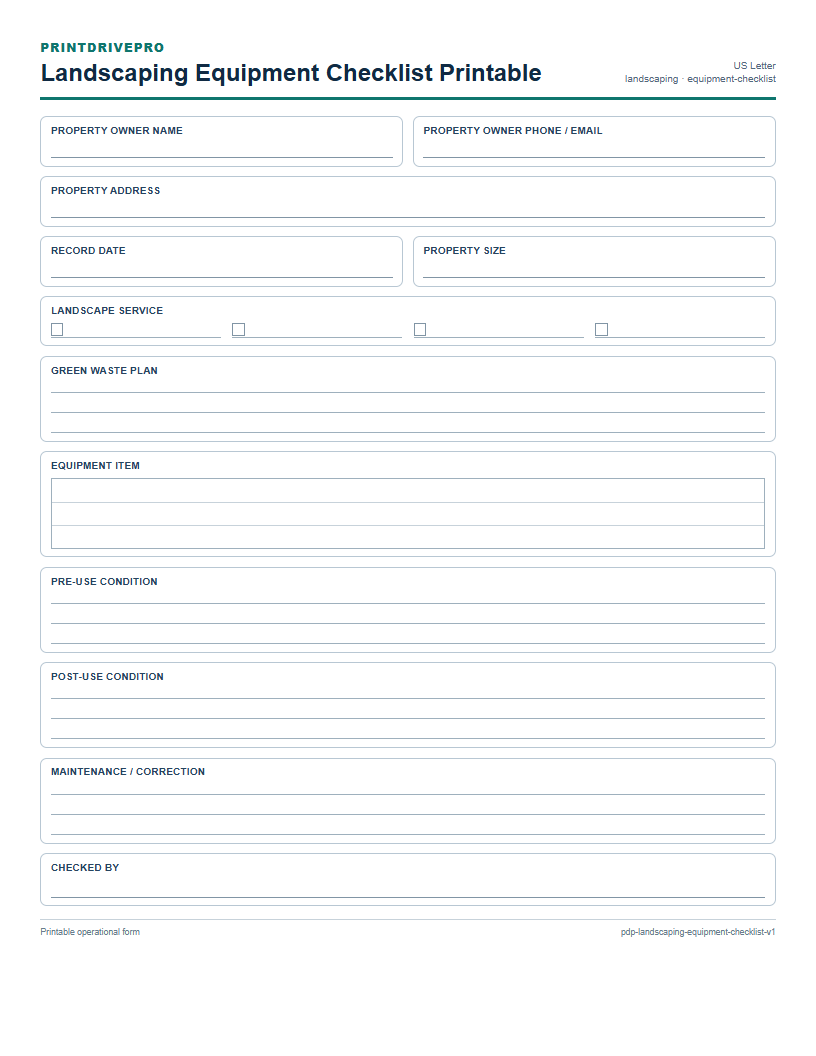 Landscaping Equipment Checklist Printable preview
