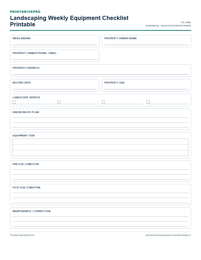 Landscaping Weekly Equipment Checklist Printable preview